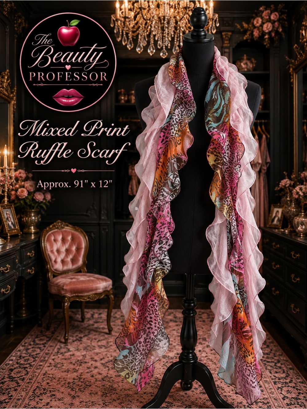 💕 Pink Multicolor Ruffle Scarf 91" Animal Print Sheer Boho Statement Wrap